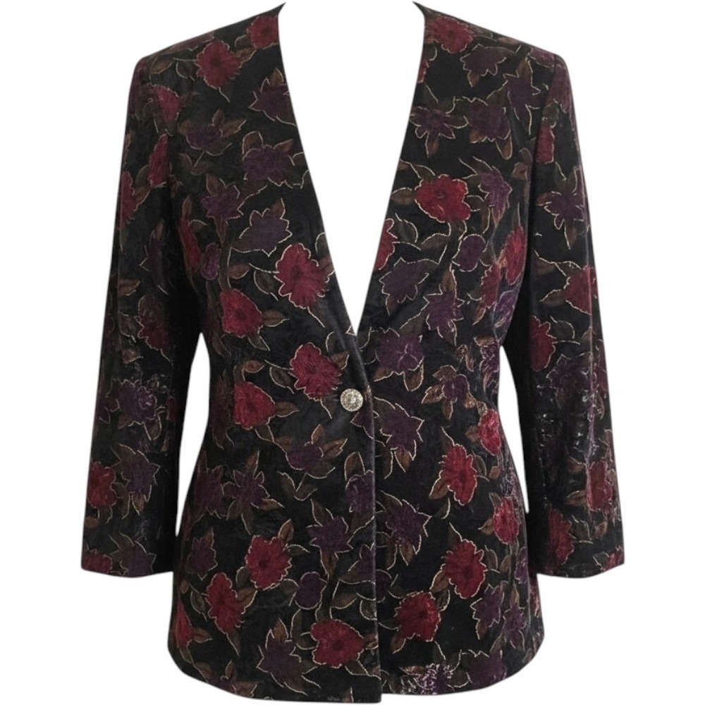 VTG Tres Paquette Black Velvet Floral Blazer Gold Metallic Accents Sz L Y2K BOHO